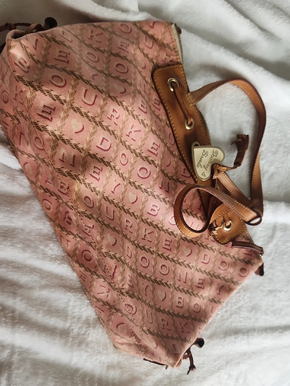 Dooney And Bourke Pink Patterned Drawstring Tote Bag with Brown Trim - Picture 1 of 6